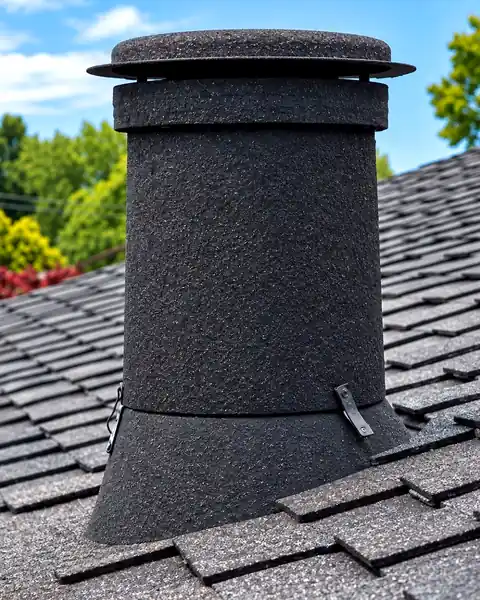 After: the same vent finished in dark stone coating on a charcoal shingle roof, trees in the background